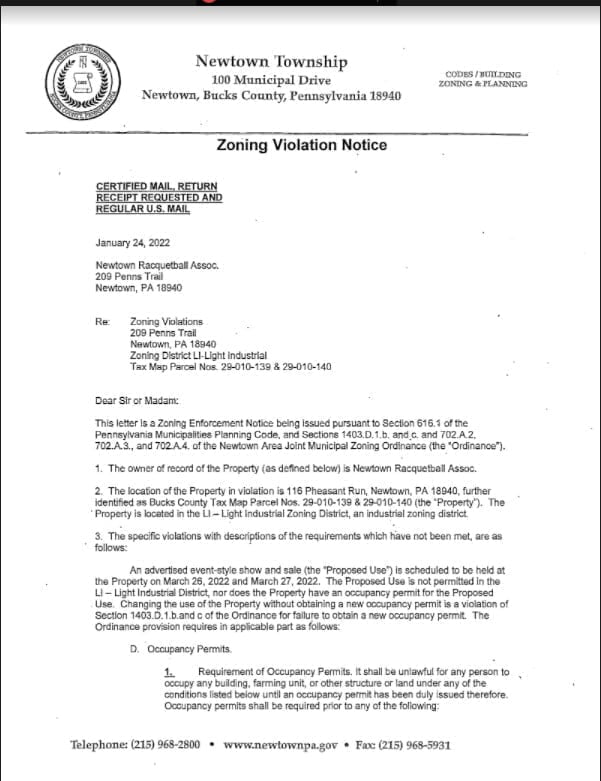 Notice of Violation 2 - Bucks County Beacon - Jim Worthington’s Cult of Personality vs Citizens of Newtown Township