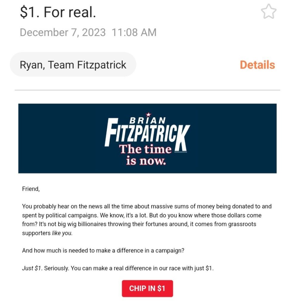 One Dollar Brian Fitzpatrick - Bucks County Beacon - Rep. Brian Fitzpatrick Attempts to Pad His Small Donor Stats By Pleading for $1 Donations