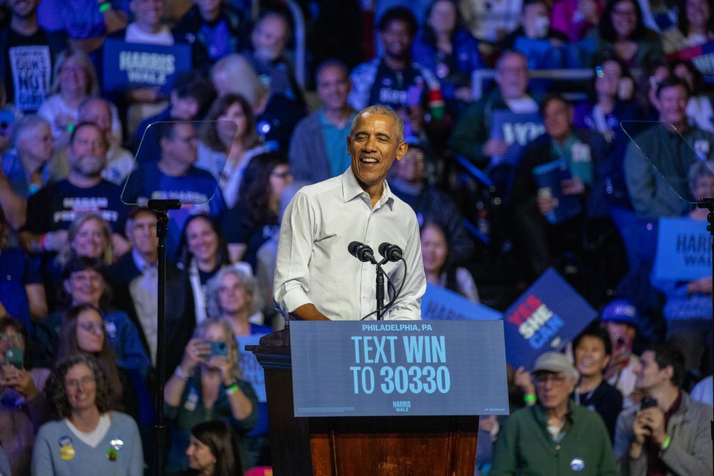 Obama Smile - Bucks County Beacon - Photo Essay: Bruce Springsteen, Barack Obama and John Legend Headline Philadelphia Rally at Temple University’s Liacouras Center