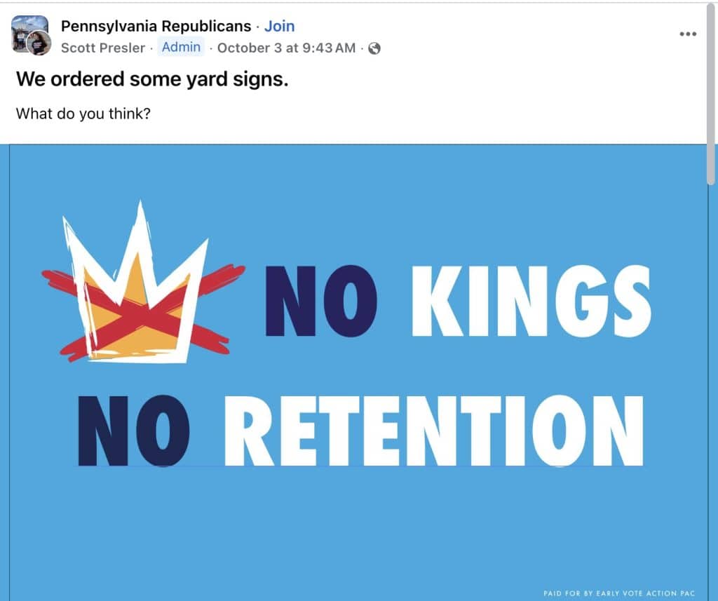 Image 10 21 25 at 4.24 PM - Bucks County Beacon - Misleading 'No Kings' Yard Signs About Pennsylvania Supreme Court Election Pop Up in Bucks County