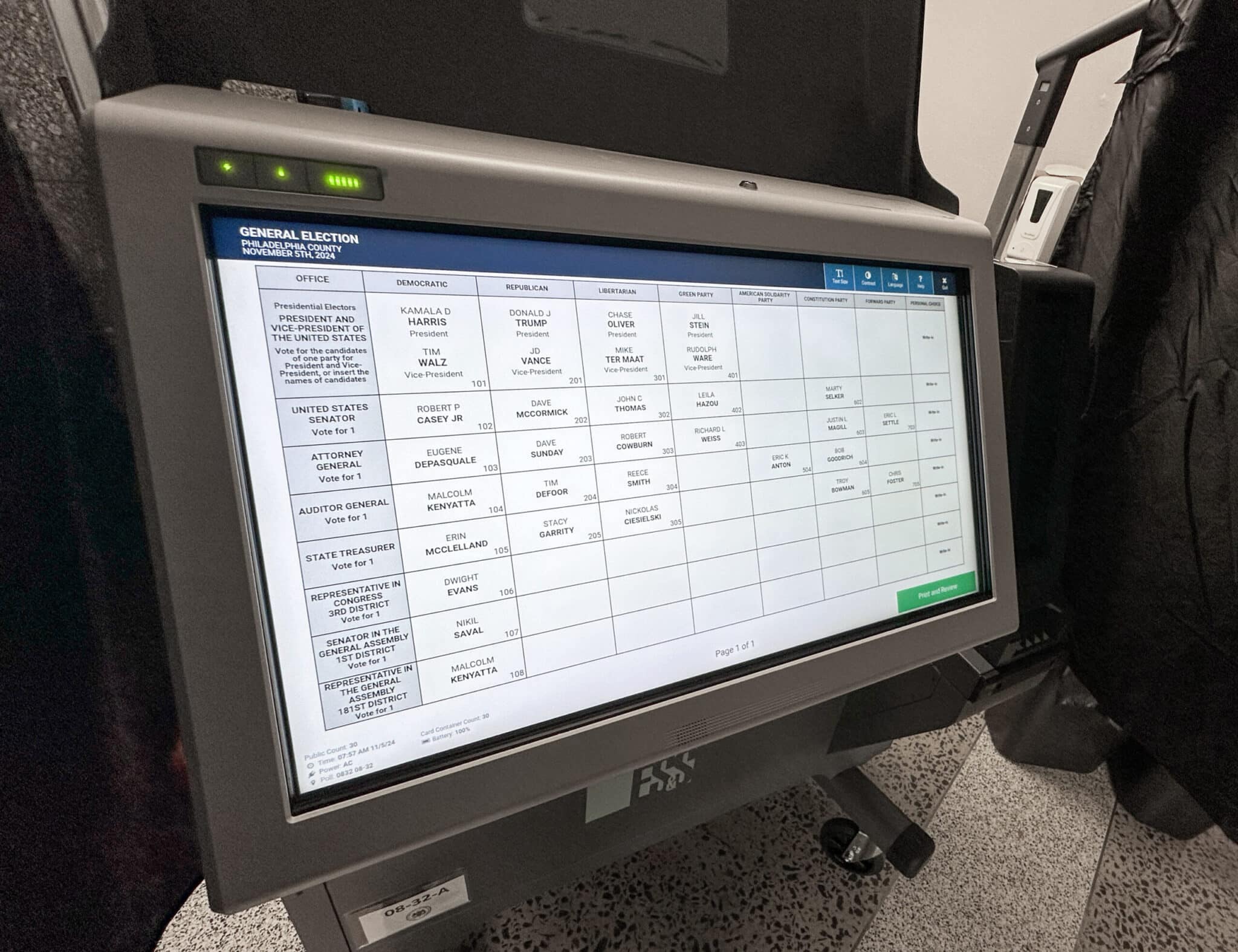 Electronic voting machine displaying a ballot screen with various candidate names and positions.