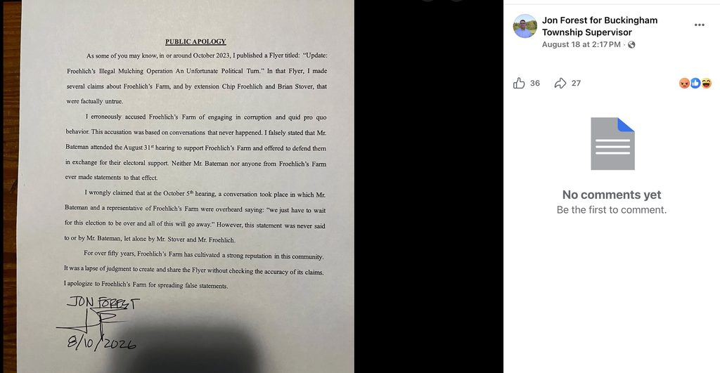 Image 8 24 26 at 4.09 PM - Bucks County Beacon - Public Apology, Settlement Damages Required in Buckingham Township Supervisor Defamation Case; Calls Climb for Jon Forest's Resignation
